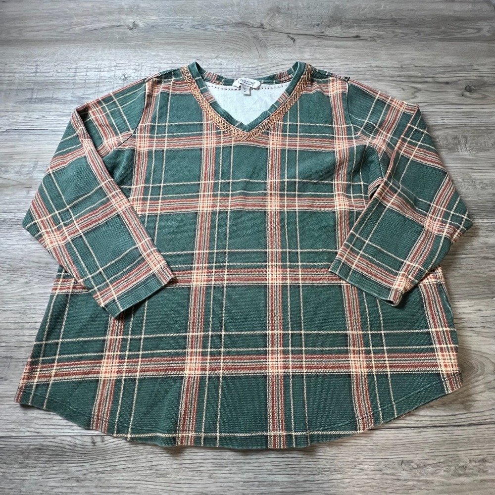 Coldwater Creek Top Womens 2X Green Plaid Waffle Knit V-Neck Thermal Tunic AE45